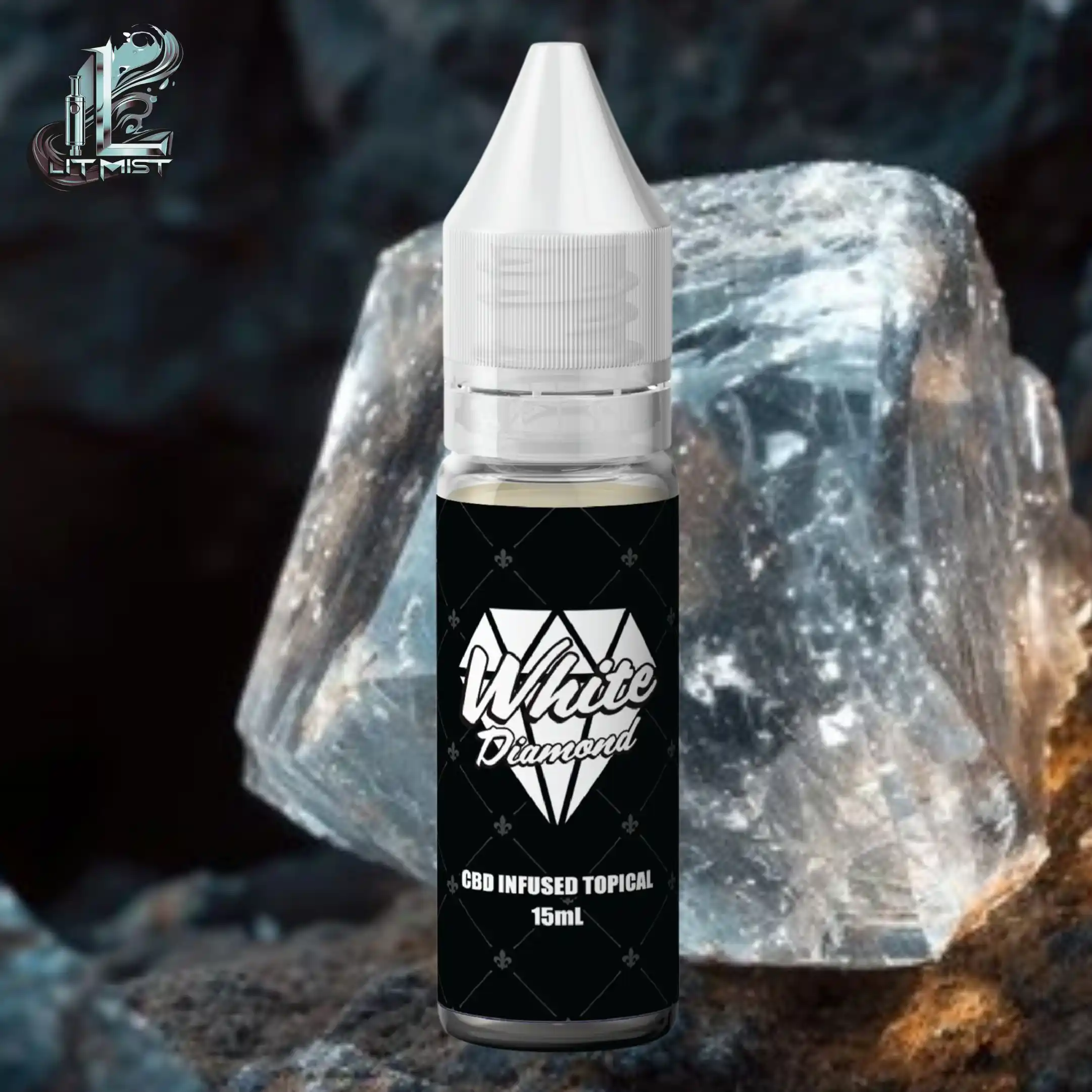 white diamond cbd vape juice 15ml with background